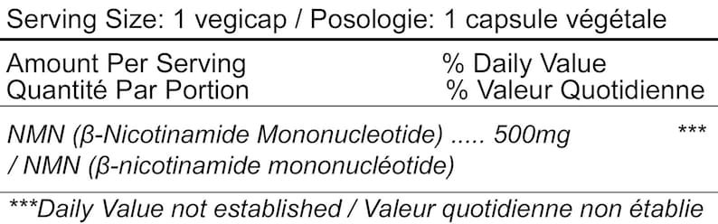 K&ouml;nnte beinhalten: Ein N&auml;hrwert-Label f&uuml;r ein Produkt, das 500 mg NMN (&beta;-Nicotinamid-Mononukleotid) pro Portion enth&auml;lt. Das Etikett gibt an, dass der Tagesbedarf nicht festgelegt ist.
