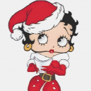 Christmas Betty Boop. Cross stitch 118w x 287h stitches.  PDF download, patterns/charts.  DMC Threads.  Pattern Keeper and Markup as well.