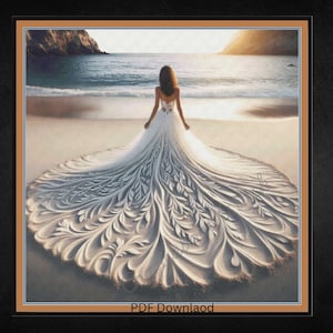 Può includere: Una sposa in un abito da sposa bianco con un lungo strascico che si estende su una spiaggia sabbiosa. Lo strascico è decorato con un motivo floreale. La sposa è in piedi, di spalle alla telecamera, guardando l'oceano.