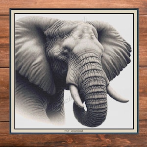 May include: A monochrome drawing of an elephant's head, framed in black. The elephant's trunk is curled, and its tusks are visible. The image is labelled "PDF Download".