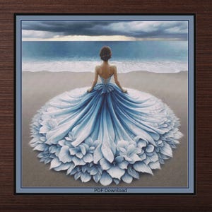 Könnte beinhalten: Ein gerahmter Druck zeigt eine Frau in einem blauen Kleid mit floralem Rock, die an einem Strand sitzt und unter einem bewölkten Himmel auf das Meer blickt. Das Kleid geht von Weiß in Blau über, mit einem detaillierten Blumenmuster. Die Worte "PDF Download" stehen unten.