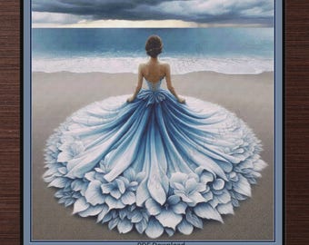 Lady with blue flower Gown. Large cross stitch. Pattern Keeper/Markup compatible. DMC Threads. PDF Download pattern/charts. Needlework.