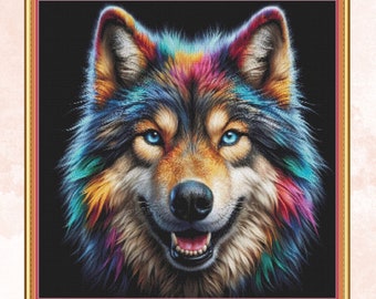 Colourful Wolf.  Large cross stitch, 350w x 350h stitches.  PDF download pattern/charts.  DMC Threads.  Pattern Keeper and Markup as well.