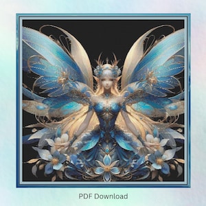 Blue and Gold fairy, Large cross stitch.  PDF download pattern/charts.  DMC Threads.  Needlework.  Pattern Keeper and Markup as well.