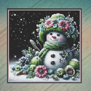 May include: A snowman with a green hat and scarf, surrounded by green apples, blue berries, and pink flowers against a black background with white snowflakes.