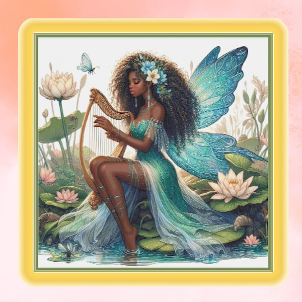 A water fairy. Large cross stitch, 350w x 350h stitches.  PDF download pattern/charts.  DMC Threads. Pattern Keeper and Markup as well.