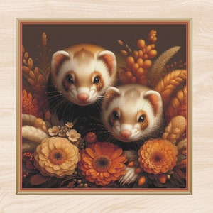 May include: Two ferrets with brown and white fur are nestled in a bed of orange, yellow, and brown flowers. The ferrets are looking at the viewer with curious expressions.