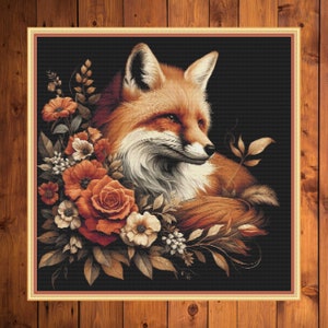 May include: A red fox with a white chest and a bushy tail is nestled in a bouquet of orange, red, and white flowers. The fox is looking to the right of the image. The background is black.