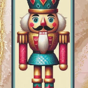 May include: A traditional wooden nutcracker toy with a blue and gold uniform, a red and gold hat, and a white beard. The nutcracker is standing on a wooden base.