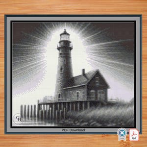 White & grey lighthouse. Small cross stitch. Pattern Keeper/Markup compatible. DMC Threads. PDF Download.