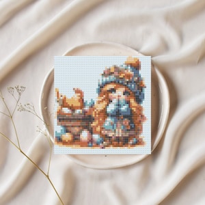 May include: A cross-stitch pattern featuring a girl wearing a blue and white hat and coat, holding a basket of eggs and chicks. The background is a light blue.