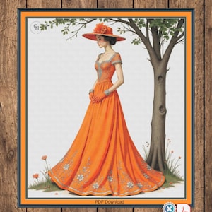 Lady in Orange dress. Large cross stitch. Pattern Keeper/Markup compatible. DMC Threads. PDF Download.