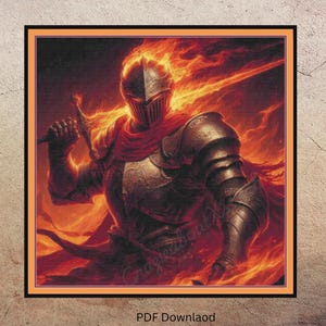 May include: A knight in armour is engulfed in flames, holding a sword in his right hand. The knight is wearing a red cape and a helmet with a visor. The background is a fiery orange and red.