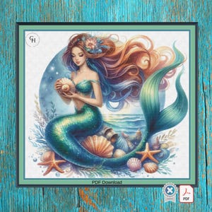 Watercolor Mermaid. Large cross stitch. Pattern Keeper/Markup compatible. DMC Threads. PDF Download.