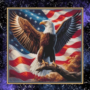 Weißkopfseeadler mit amerikanischer Flagge. Großer Kreuzstich, 285w x 285h Stiche. PDF download Anleitung. Musterbewahrer und Markup ebenfalls.