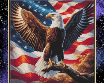 Bald Eagle with the American flag. Large cross stitch, 285w x 285h stitches. PDF download pattern/chart. Pattern Keeper and Markup as well.