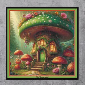 May include: A whimsical illustration of a mushroom house with a green cap dotted with white spots and adorned with flowers. The house has a brown stem, windows, and a green door. Red and white mushrooms surround the house, with the text "PDF Download" at the bottom.