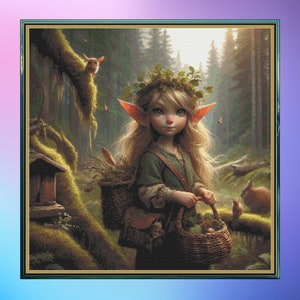May include: A young elf girl with large ears and a crown of leaves walks through a forest. She carries a basket of mushrooms and a small satchel. The forest is lush and green with sunlight filtering through the trees.