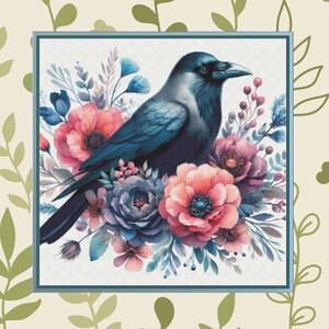 May include: A blue crow perched on a bouquet of pink, red, and purple flowers. The flowers are surrounded by green leaves and stems.