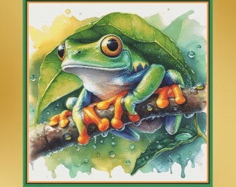 Watercolor Tree Frog. Large cross stitch. PDF Download pattern/charts.  DMC Threads, needlework.  Pattern Keeper and Markup as well.