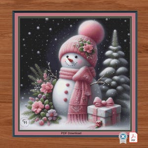 A Pink Snowman. Large cross stitch. Pattern Keeper/Markup compatible. DMC Threads. PDF Download.