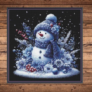 Blue Snowman.  Medium cross stitch, 119w x 119h Stitches.  PDF Download pattern/charts. DMC Threads.  Pattern Keeper and Markup as well.