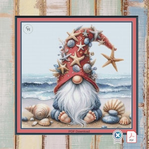 Gnome with starfishes. Large cross stitch. Pattern Keeper/Markup compatible. DMC Threads. PDF Download.