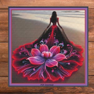 Op de afbeelding: Digitale kunstafbeelding van een vrouw in een lange, vloeiende jurk op een strand. De jurk loopt over van rood naar zwart, met een groot, gestileerd bloemdesign in de rok. De afbeelding heeft een paarse rand en de tekst "PDF Download".