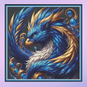 A Griffin with Blue and gold feathers.  A Large counter cross stitch.  PDF download pattern/charts.  DMC Threads. Needlework. Pattern Keeper