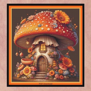 May include: A whimsical illustration of a mushroom house with a red and white spotted cap. The house features a wooden door, windows, and is surrounded by colorful flowers. The image has a fantasy theme.