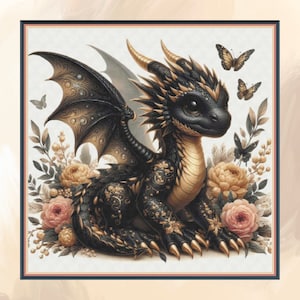 May include: A framed art print featuring a black and gold dragon nestled among flowers and butterflies. The dragon has intricate details, with golden horns and accents. Soft pink and yellow roses and butterflies surround the dragon, creating a whimsical fantasy scene.