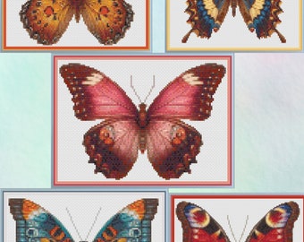 A set of 5 medium butterflies.  Counter cross stitch.  PDF download pattern/charts.  DMC Threads.  Needlework.