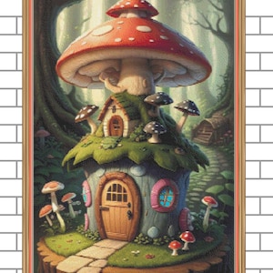 May include: A whimsical mushroom house with a red and white mushroom cap, surrounded by smaller mushrooms in a forest setting.