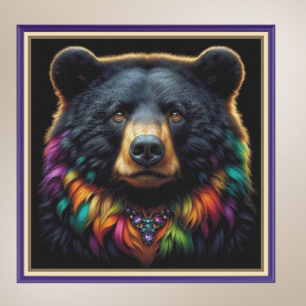Colourful Black Bear.  Large cross stitch, 350w x350h stitches. PDF download pattern/charts. DMC Threads. Pattern Keeper and Markup as well.