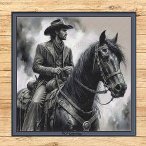 May include: Black and white digital art print of a cowboy on horseback. The cowboy wears a hat, jacket with fringe, and a scarf. The horse has a dark mane and is wearing a bridle. The artwork is framed in a dark gray border.