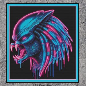 Puede incluir: Una ilustración digital de un Predator, un cazador alienígena ficticio, con un esquema de color azul y rosa. La cara del Predator es visible, con una gran boca y dientes afilados. Las rastas del Predator también son visibles, con un esquema de color rosa y azul.