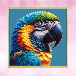 May include: A close-up of a blue and yellow macaw with a green head and a black beak. The macaw's feathers are detailed and vibrant.