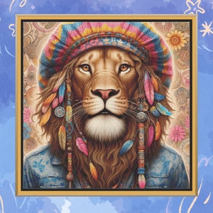 Ein Hippie Löwe. Großer Kreuzstich, 350w x 350h Stiche. PDF download Anleitung. DMC-Garne . Musterbewahrer und Markup ebenfalls.