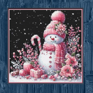 May include: A pink snowman with a candy cane in its hand, surrounded by pink flowers and ornaments against a black background with white snowflakes.