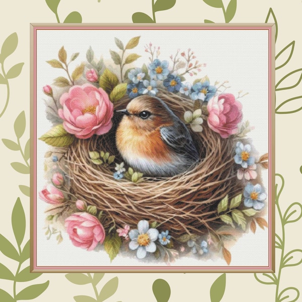 Watercolor, Bird in Nest. Large cross stitch. PDF download pattern/charts. DMC Threads. Pattern Keeper/Markup as well. Needlework.