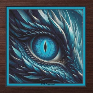 May include: Detailed image of a dragon's eye, with a striking blue iris and a black, vertical pupil. The eye is set within a complex arrangement of blue and teal scales. The artwork is framed with a teal border.