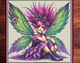 A Purple and green fairy. Large cross stitch. Pattern Keeper/Markup compatible. DMC Threads. PDF Download pattern/charts. Needlework.