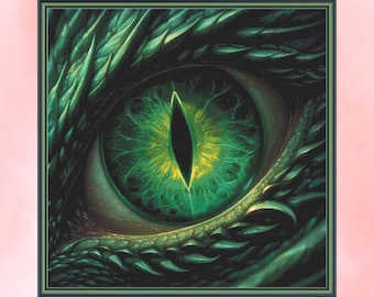 A green dragon eye.  A Large counter cross stitch.  PDF download pattern/charts.  DMC Threads.  350w x 350h stitches.  Pattern Keeper.