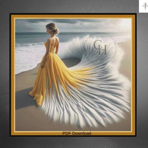 Mujer con vestido amarillo, bordado de punto de cruz grande. Compatible con Pattern Keeper/Markup. Hilos DMC. Patrón/gráficos en PDF para descargar. Bordado.