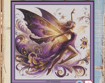 Fata viola e oro. Punto croce grande. Compatibile con Pattern Keeper/Markup. Filati DMC. Scarica il PDF.