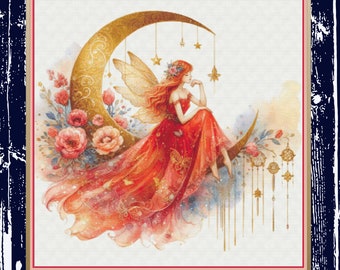 Red Fairy with the Moon. Large cross stitch.  PDF download pattern.  Pattern Keeper/Markup as well. DMC Threads. Needlework.