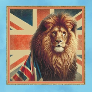 Ein Löwe mit der englischen (United) Flagge. Großer Kreuzstich, 285w x 285h Stiche. PDF download Anleitung. Musterbewahrer und Markup.