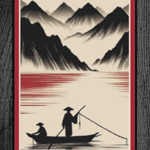May include: Black and white cross-stitch pattern of a Japanese landscape with mountains, a lake, and two figures in a boat fishing. The lake is red in colour and the mountains are in the background. The text "PDF Download" is at the bottom of the image.