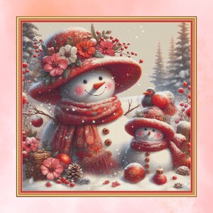 May include: A charming winter scene featuring two snowmen. The larger snowman wears a red hat adorned with flowers and a matching scarf. The smaller snowman also wears a red hat and scarf. The scene includes snow, berries, and a basket of flowers.