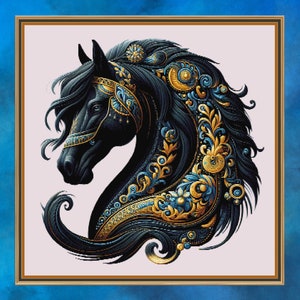 Schwarzes Pferd mit blaugoldener Stickerei. Ein großer Gegenkreuzstich. PDF Download Muster/Muster. DMC-Garne . Handarbeit. Musterbewahrer.